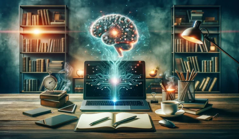 AI incorporated writing depicting a laptop and a digital AI brain. The room is like a writers office and the desk has accessories the writer would use.